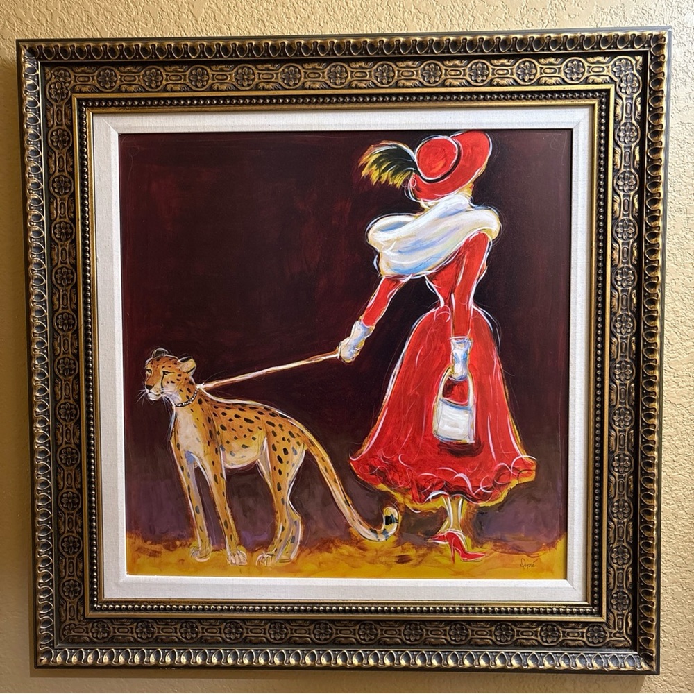 Woman Walking Cheetah Framed Art 33” x 33”